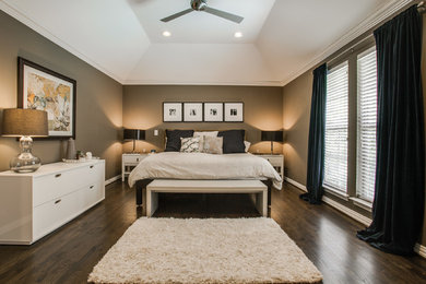 Example of a mid-sized transitional master dark wood floor bedroom design in Dallas with brown walls and no fireplace