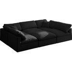 Meridian Furniture - Plush Velvet / Down Standard Comfort 6-Piece U-Shaped Modular Sectional, Black - No matter how big or little the size of your gang, they can all find their sweet spot when you choose pieces from the Plush collection to build your ideal seating group. Choose this six-piece set or pair multiple pieces together to get the custom look everyone will love. The soft black velvet material is soft and welcoming to the touch, and the set's cushions are overstuffed with a down and feather blend to provide ample support for tired bodies.