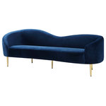 Meridian Furniture - Ritz Velvet Upholstered Sofa, Navy - Get comfy while remaining chic in this elegant Ritz navy velvet sofa. Plush navy-colored upholstery provides a soft texture that is pleasing to the senses, while its curved design offers a contemporary touch to your home furnishing. Gold metal legs complement the sofa's sophisticated navy color, creating a gallant piece anyone would be proud to display in their home.