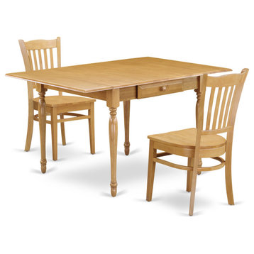 3-Piece Diningtable Set, Durable 2 9" Drop Down Leaves Wood Table, 2 Chairs, Oak