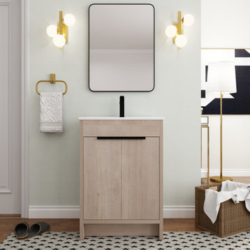 BNK Bathroom Vanity With Adjustable Shelf(KD-PACKING), White Ceramic Sink, 24"