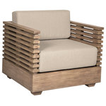 Armen Living - Vivid Outdoor Patio Chair, Light Eucalyptus Wood With Taupe Olefin Cushions - Transform your outdoor space into a haven of relaxation with the Vivid Outdoor Patio Chair. Crafted with meticulous attention to detail, this outdoor chair is a perfect fusion of style, comfort, and durability. The timeless Light Eucalyptus wood frame not only adds an element of sophistication to your outdoor setting but also ensures longevity, making it a standout piece of outdoor furniture. Designed for those who appreciate both aesthetics and resilience, the Vivid Outdoor Patio Chair boasts water-resistant and UV-resistant features, allowing it to withstand the elements with grace. Whether basking in the sun or enduring a sudden downpour, this chair remains a steadfast companion for your outdoor moments. Sink into the plush comfort of the Olefin cushion, providing a cozy seat that invites you to linger a little longer. The taupe cushion complements the Eucalyptus wood frame seamlessly, creating an inviting space for relaxation. Additionally, the removable cushion cover makes cleaning a breeze, ensuring your outdoor chair maintains its fresh and inviting allure. Versatile in design, the Vivid Outdoor Patio Chair effortlessly enhances any outdoor environment  be it a cozy corner of your garden, a serene patio, or a poolside retreat. Its ergonomic design ensures not only visual appeal but also optimal comfort, making it the perfect spot to unwind after a long day. Invest in outdoor furniture that combines style and functionality, and choose the Vivid Outdoor Patio Chair in Taupe Wood with Olefin Cushion. Elevate your outdoor seating experience with a chair that not only complements your surroundings but also withstands the rigors of outdoor living.