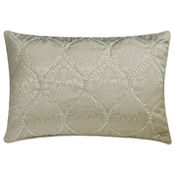 Gray Silk 12"x26" Lumbar Pillow Cover Crystal Embroidery Victorian, Aabharana
