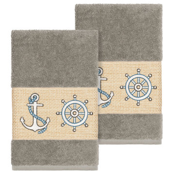 Linum Home Textiles Easton Embellished, Dark Grey, Hand Towel, 2-Piece Set