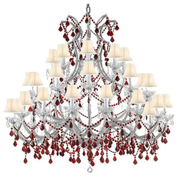 37-Light Crystal Chandelier Dressed With Red Crystals, White Shades