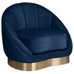 Meridian Furniture - Shelly Velvet Upholstered Chair, Navy - Unwind and rest when you'rere seated on this Shelly velvet chair featuring navy velvet upholstery. This lovely piece is just the thing to inject drama into your space whether used on its own or in combination with other items in the Shelly collection. The unique shell shape immediately commands attention, and the brushed gold stainless steel base cements the base in contemporary panache.