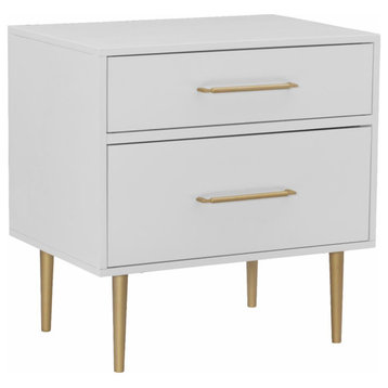 Contemporary Nightstand, Drawers With Golden Pulls & Slender Metal Legs, White