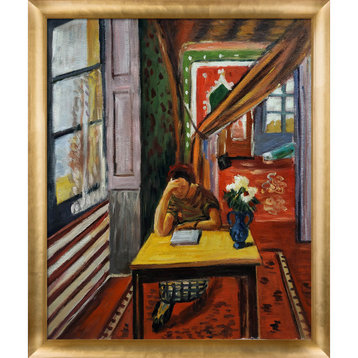 La Pastiche Reader Leaning Her Elbow on Table with Gold Luminoso Frame,23" x 27"