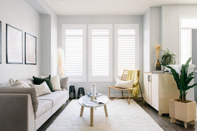 Small danish open concept dark wood floor and brown floor living room photo in Toronto with blue walls
