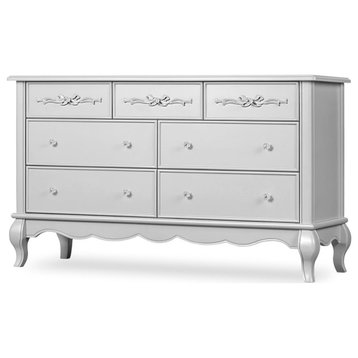 Mid Century Dresser, 7 Drawers With Ribbon Scrollwork Accent, Akoya Grey Pearl