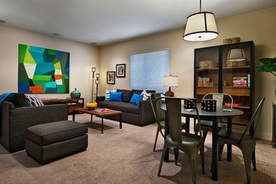 Design ideas for a transitional look-out basement in Denver with beige walls, carpet and no fireplace.