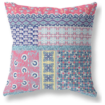 16"X16" Blue And Pink Microsuede Patchwork Blown Seam Pillow
