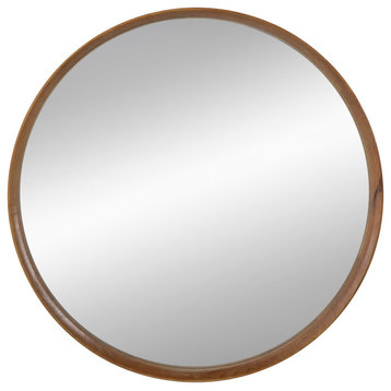Benzara BM286302 Roe 40" Round Accent Mirror, Brown Pine Wood Frame, Wall Hung