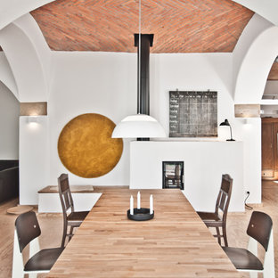 Offenes, Mittelgroßes Nordisches Esszimmer mit weißer Wandfarbe, verputztem Kaminsims, braunem Boden, hellem Holzboden und Kaminofen in Hannover
