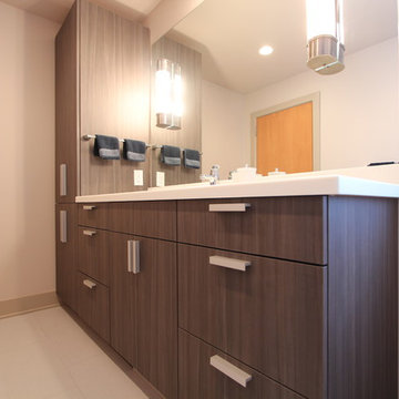 Warm Grey Grain Matched Vanity with Tall Linen Cabinet