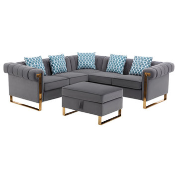 Maddie Velvet 5-Seater Sectional Sofa With Storage Ottoman, Gray