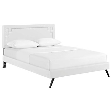 Ruthie Queen Faux Leather Platform Bed With Round Splayed Legs, White