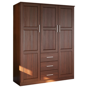 100% Solid Wood Cosmo 3-Door Wardrobe/Armoire, 2 Shelves, Mocha-Raised Panel