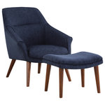 OSP Home Furnishings - Waneta Chair and Ottoman, Midnight Blue Fabric With Medium Espresso Legs - Make a sophisticated, Mid-Century Modern, statement with our Waneta Chair and Ottoman Set. Elegant, contoured, high back, open-angled arms and a tall, tapered leg design, offer a refined, tailored stance and the matching ottoman invites a casual, relaxed attitude. A perfect pair for the family room or living room yet urban enough for apartment living. Create your own contemporary style with our trending colors in easy care 100% Polyester fabric.Quick and easy delivery, and assembly offers instant gratification.