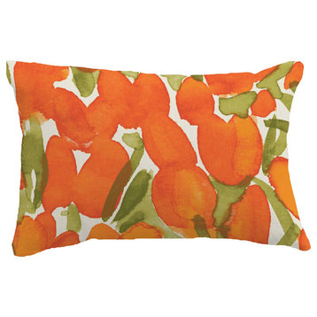 Sunset Tulip Floral Print Throw Pillow With Linen Texture, Orange, 14"x20"