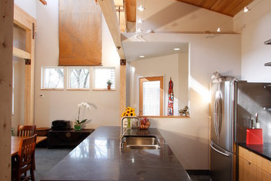 Kitchen - contemporary kitchen idea in Other with an undermount sink, flat-panel cabinets, light wood cabinets, soapstone countertops, white backsplash and stainless steel appliances