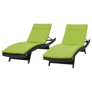 GDF Studio Nassau Outdoor Gray Wicker Chaise Lounge, Green Cushions, Set of 2