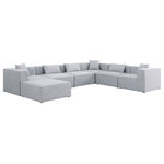 Meridian Furniture - Cube Upholstered Modular Sectional, Gray, 7-Piece: 3 Armless Chair, 3 Corner Chair, 1 Ottoman, Linen Texured Fabric - Treat yourself to some long overdue "me time" when you're seated on this Cube 7-Piece Modular Sectional. This beautiful modular unit is both eye-catching and elegant, features durable linen textured upholstery in a soft grey color that meshes well with nearly any existing color scheme. Pair this modular Sectional with other items in the same collection to create an unlimited number of combinations and enjoy the custom seating arrangement of your dreams. Latches underneath make it easy to attach pieces to one another.