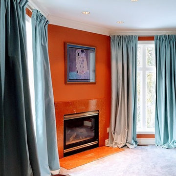 Master Bedroom Blue silk drapes with blackout lining