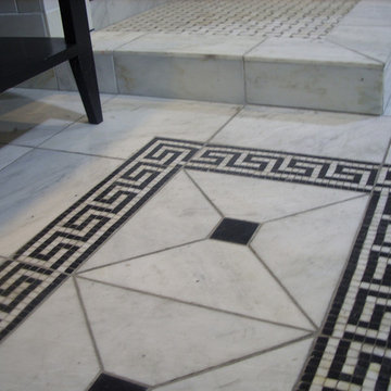 Carrara marble subway tile Shower w/ built-in niche