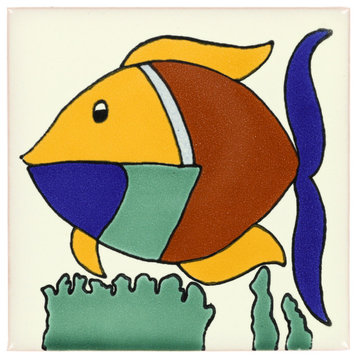 Tierra y Fuego Handmade Ceramic Tile, 4.25x4.25" Colorful Fish, Box of 45