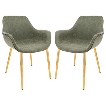 LeisureMod Markley Leather Dining Armchair Gold Legs Set of 2, Olive Green