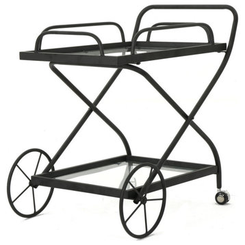 GDF Studio Presley Indoor Black Iron Bar Cart With Tempered Glass Shelves