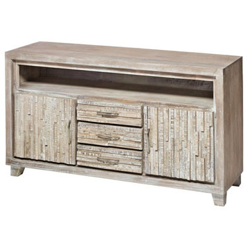 64" Reclaimed wood planked style whitewashed sideboard cabinet