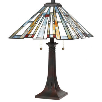 2-Light Craftsman Tiffany Table Lamp Pillar Style Bronze Base Geometric Art