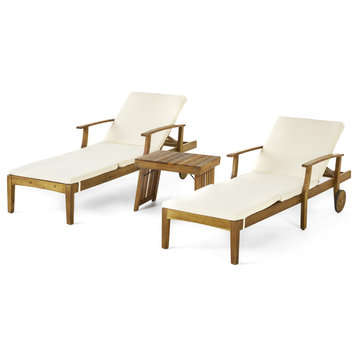 Kylen Outdoor Acacia Chaise Lounge Set With Water-Resistant Cushions, Teak Finis