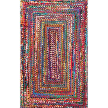 Contemporary Area Rug, Hand Braided Woven Cotton In Multicolor Tones, 10' Square
