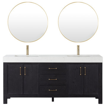 Leon Bath Vanity with Composite Stone Top, Fir Wood Black, 72", With Mirror