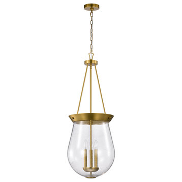 Boliver 3 Light Pendant, 14", Vintage Brass Finish, Clear Seeded Glass
