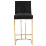 Meridian Furniture - Heidi Upholstered Counter Stool, Black, Gold, Velvet - Make sure guests stay comfortable as they wine and dine from this Heidi Black Velvet Stool. This stool has a sleek metal base finished in gold for a chic look and is upholstered in sumptuous black velvet for a touch of glam. The upholstery is top quality and has a sleek, velvety feel against the skin for a refined and elegant presentation. The armless design facilitates conversation, and a footrail on the bottom gives you a spot to rest your feet while you dine.