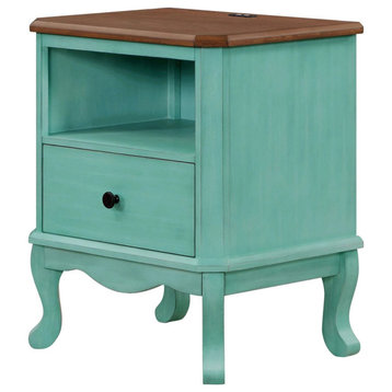 Traditional Nightstand, Curved Legs & Brown Top With USB Charging Ports, Teal