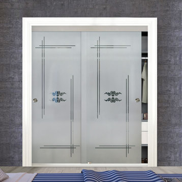 Frameless Sliding Closet Bypass Glass Door With Desing, 72"x96", Semi-Private