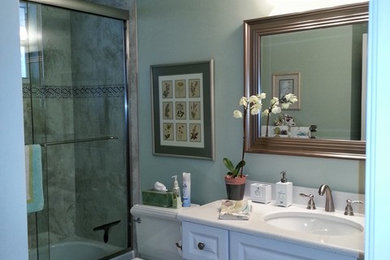 Inspiration for a mid-sized coastal 3/4 beige tile and porcelain tile porcelain tile bathroom remodel in Miami with raised-panel cabinets, white cabinets, a two-piece toilet, green walls, an undermount sink and laminate countertops
