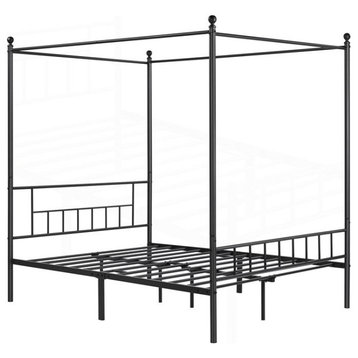 Classic Canopy Bed, Black Finished Metal Frame & Top Ball Finials Details, Queen