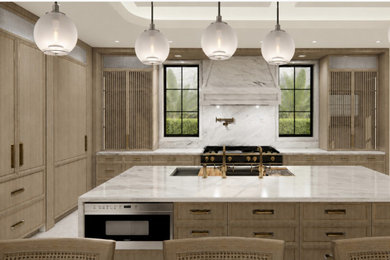 Example of a transitional terrazzo floor, white floor and coffered ceiling kitchen design in Miami with a single-bowl sink, recessed-panel cabinets, white backsplash, stone slab backsplash and two islands