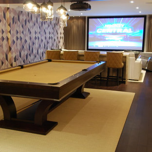 Medium sized contemporary enclosed home cinema in Toronto with beige walls, dark hardwood flooring and a projector screen.