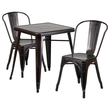 23.75" Square Black-Antique Gold Metal 3-Piece Table Set With 2 Stack Chairs