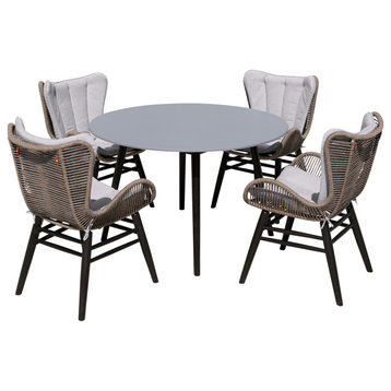 Sydney and Fanny 5 Piece Outdoor Patio Dining Set, Wood Rope and Gray Cushions