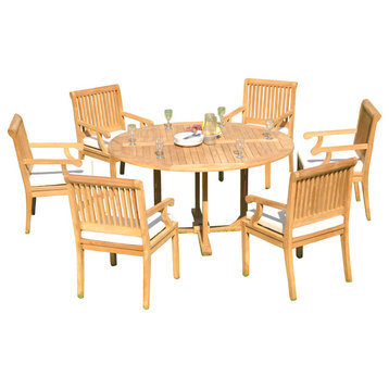 7-Piece Outdoor Patio Teak Dining Set, 60" Round Table and 6 Sack Arm Chairs