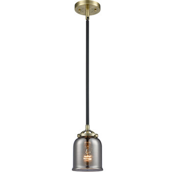 Nouveau Small Bell 1 Light Mini Pendant, Black Antique Brass, Plated Smoke Glass