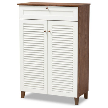 White and Walnut Finished 5-Shelf Wood Shoe Storage Cabinet with Drawer